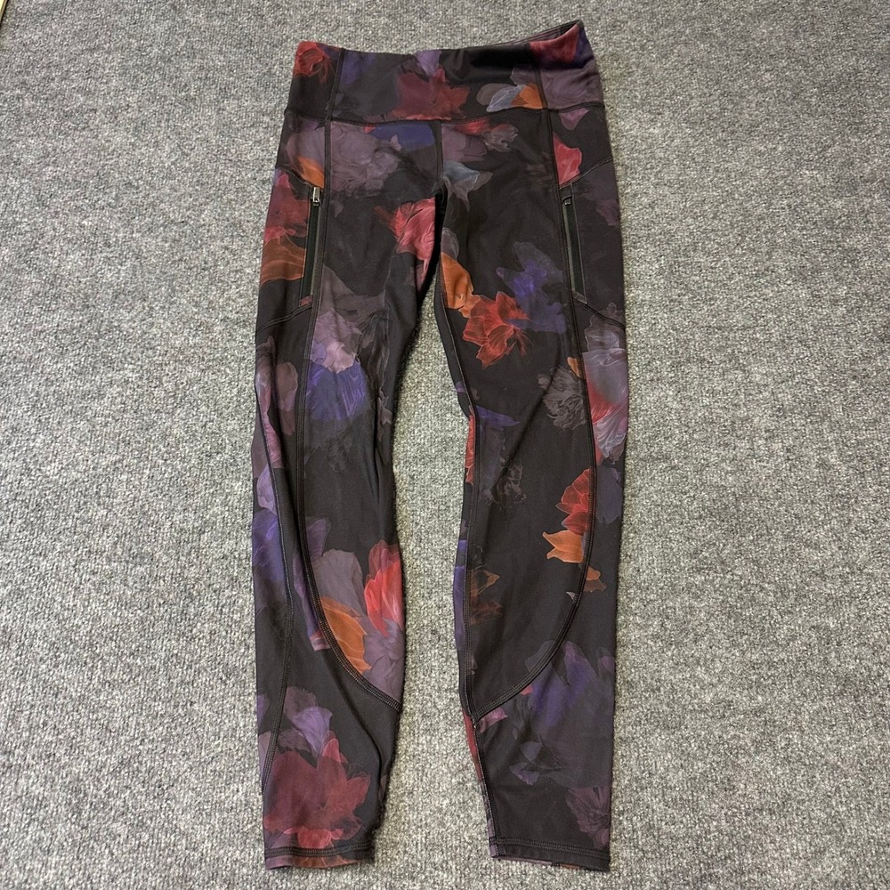 Athleta Rainier Leggings Womens Size M Dark Floral High Rise Zip Pocket Athletic
